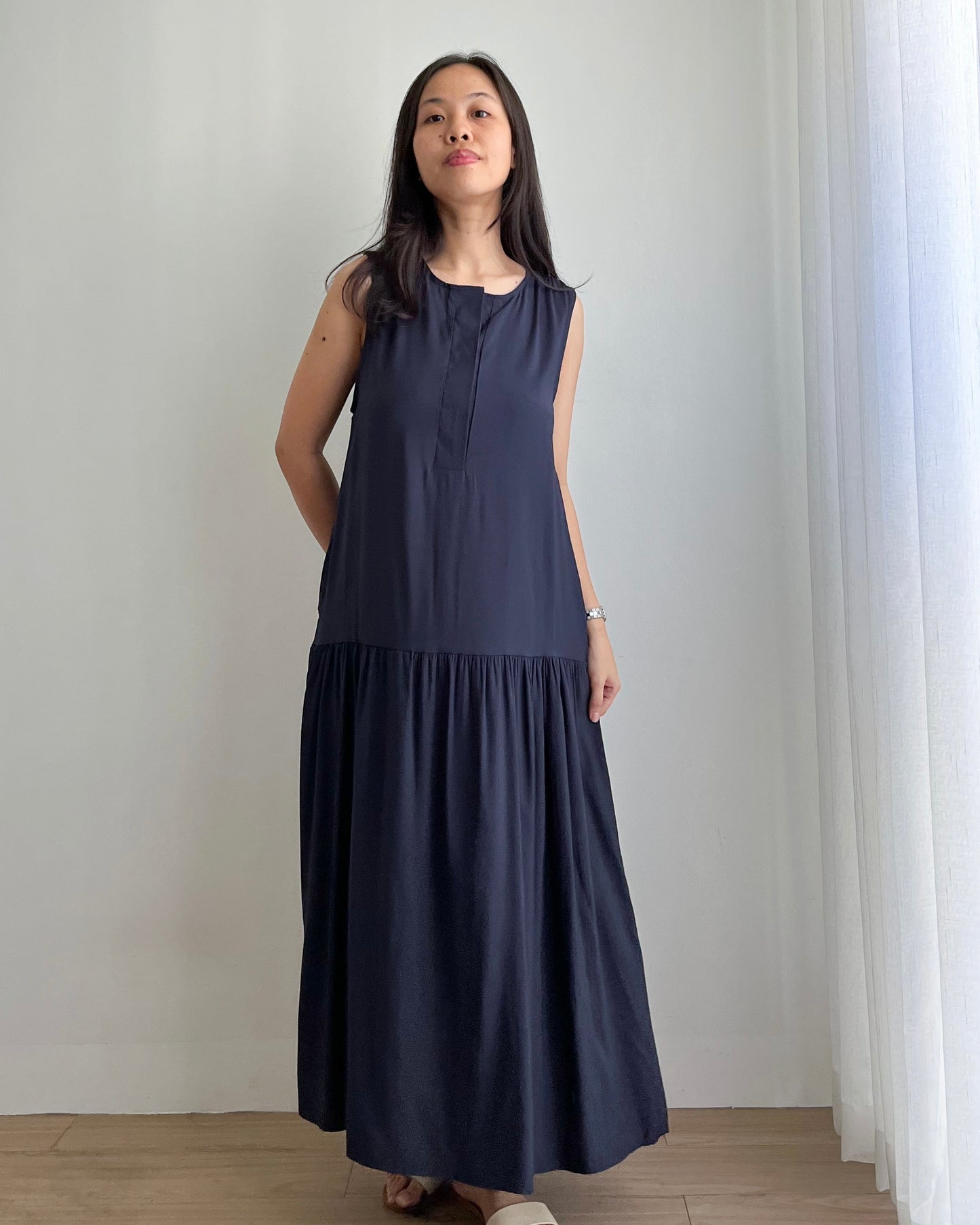 Marigold Half-button Round Neck Pleated Sleeves Dress