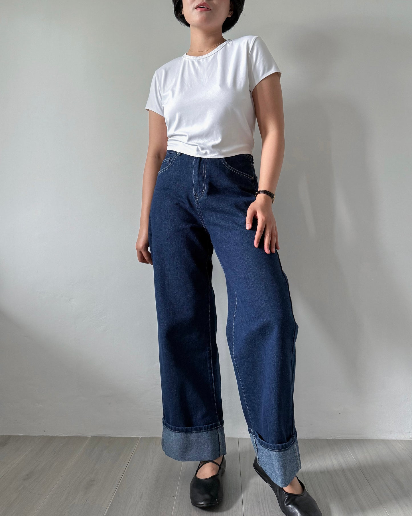 Elizabeth Wide Straight Fixed Cuff Denim Jeans