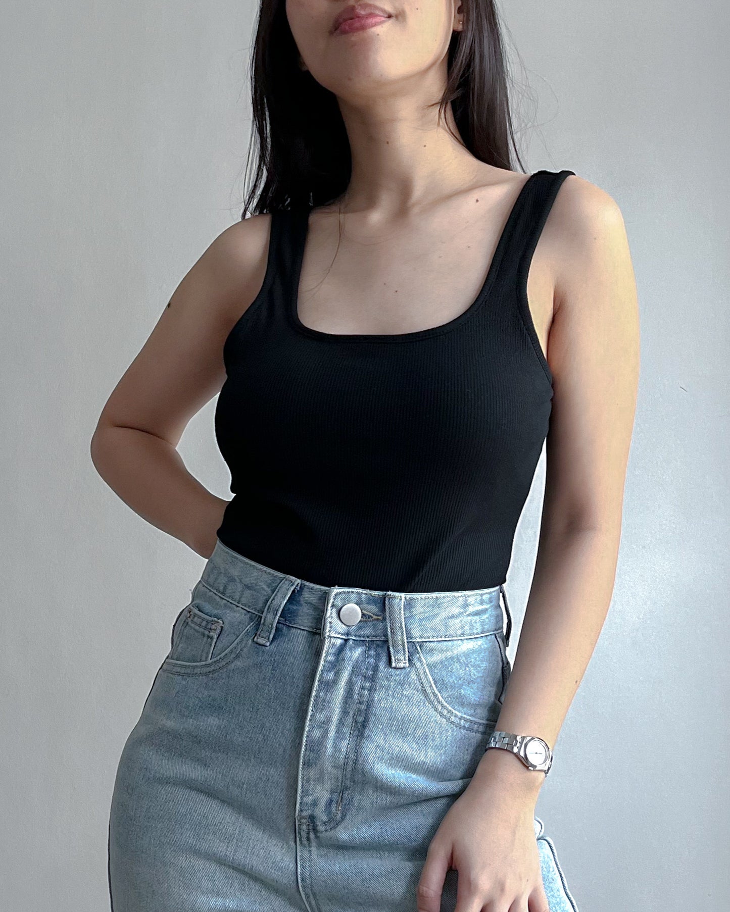 Annie Rib-Knit Padded Square Neck Sleeveless Bodysuit
