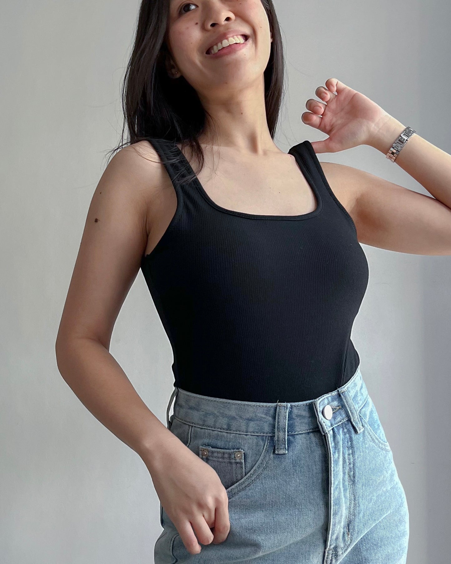 Annie Rib-Knit Padded Square Neck Sleeveless Bodysuit