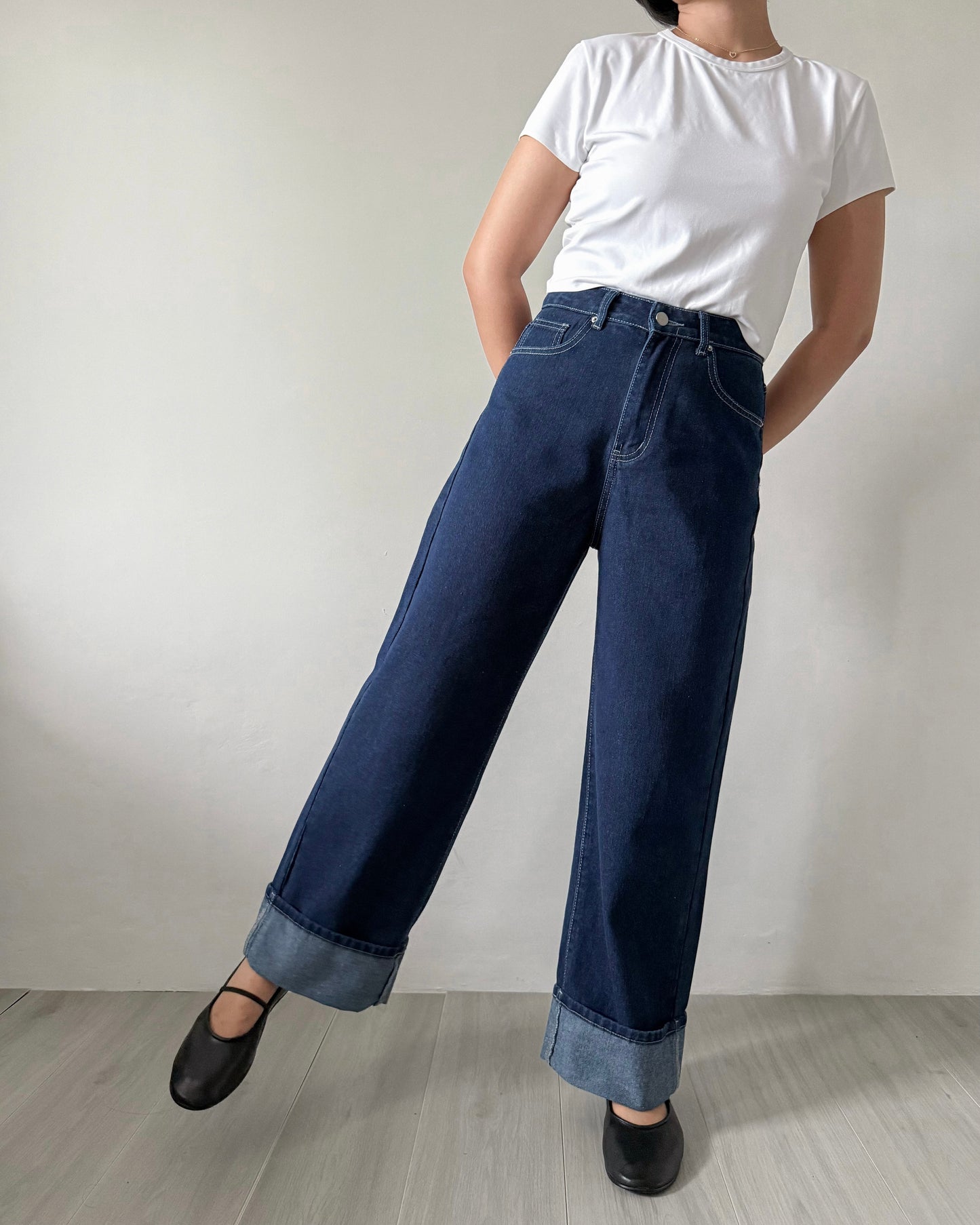 Elizabeth Wide Straight Fixed Cuff Denim Jeans