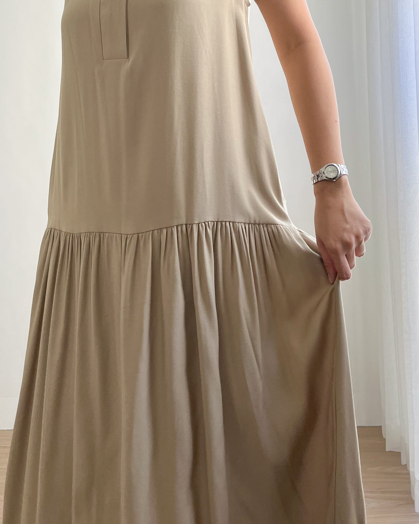 Marigold Half-button Round Neck Pleated Sleeves Dress