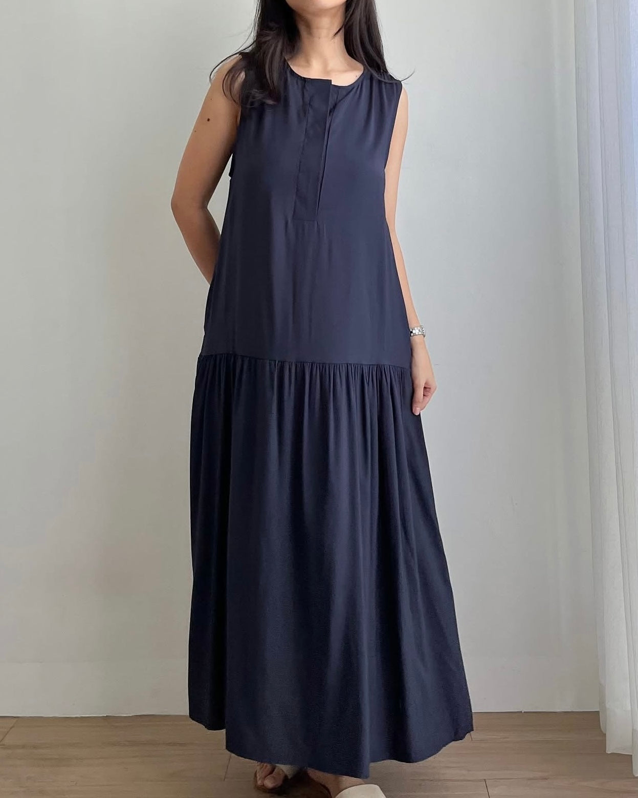 Marigold Half-button Round Neck Pleated Sleeves Dress