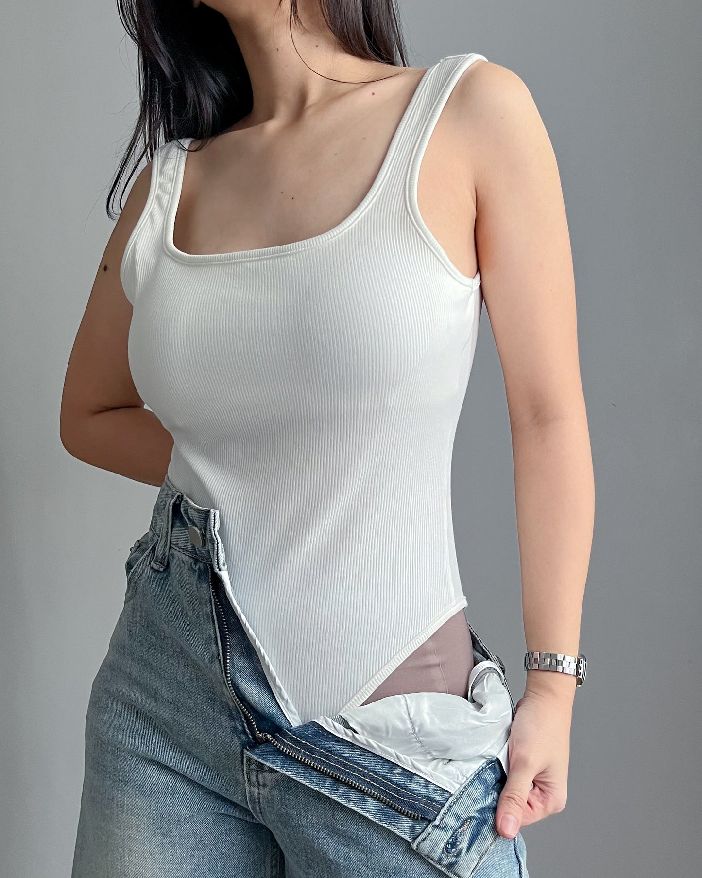 Annie Rib-Knit Padded Square Neck Sleeveless Bodysuit