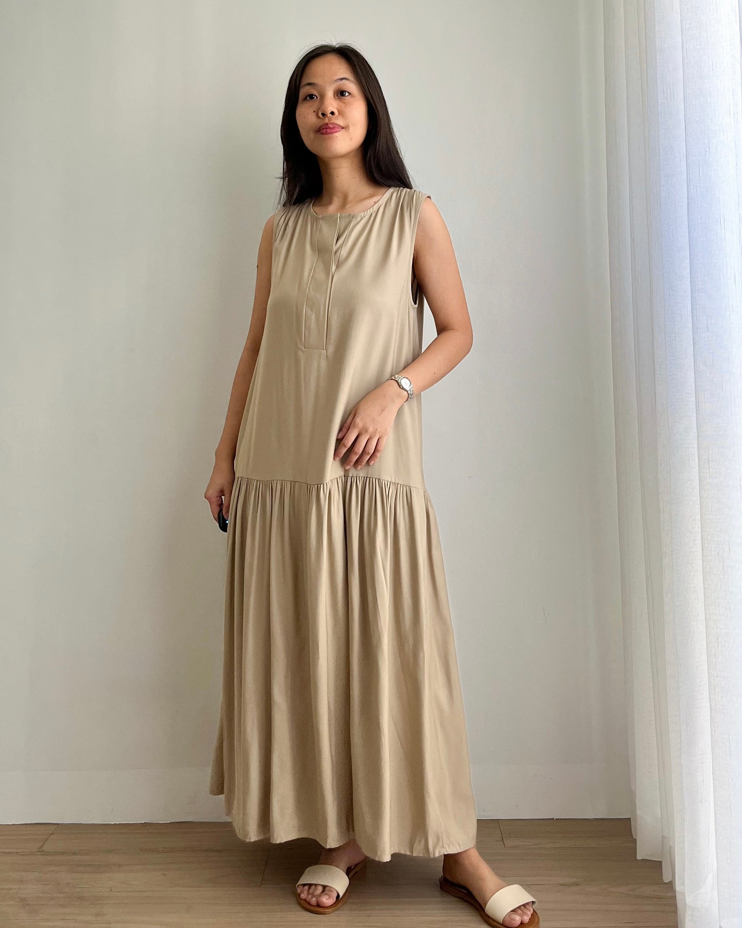 Marigold Half-button Round Neck Pleated Sleeves Dress