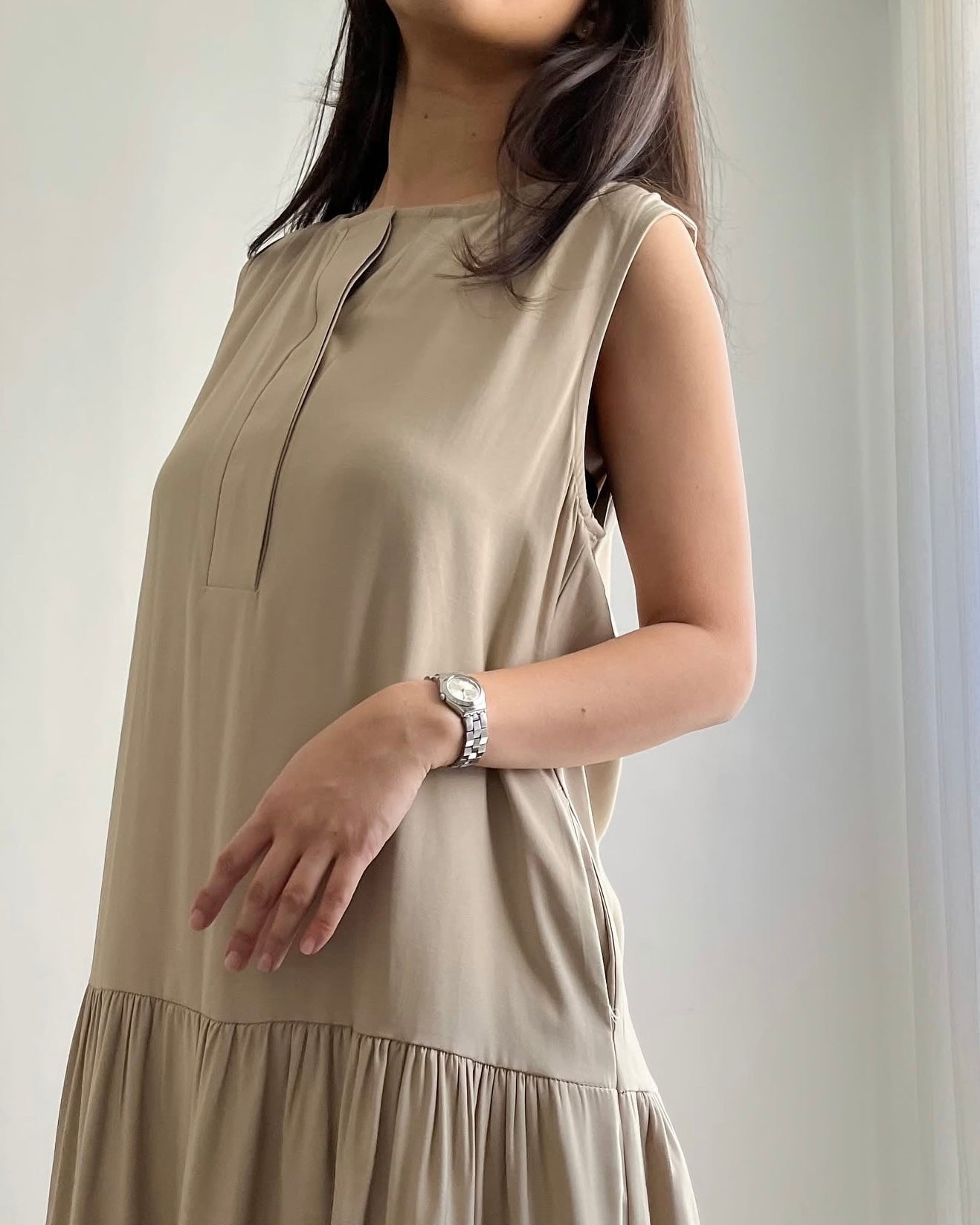 Marigold Half-button Round Neck Pleated Sleeves Dress
