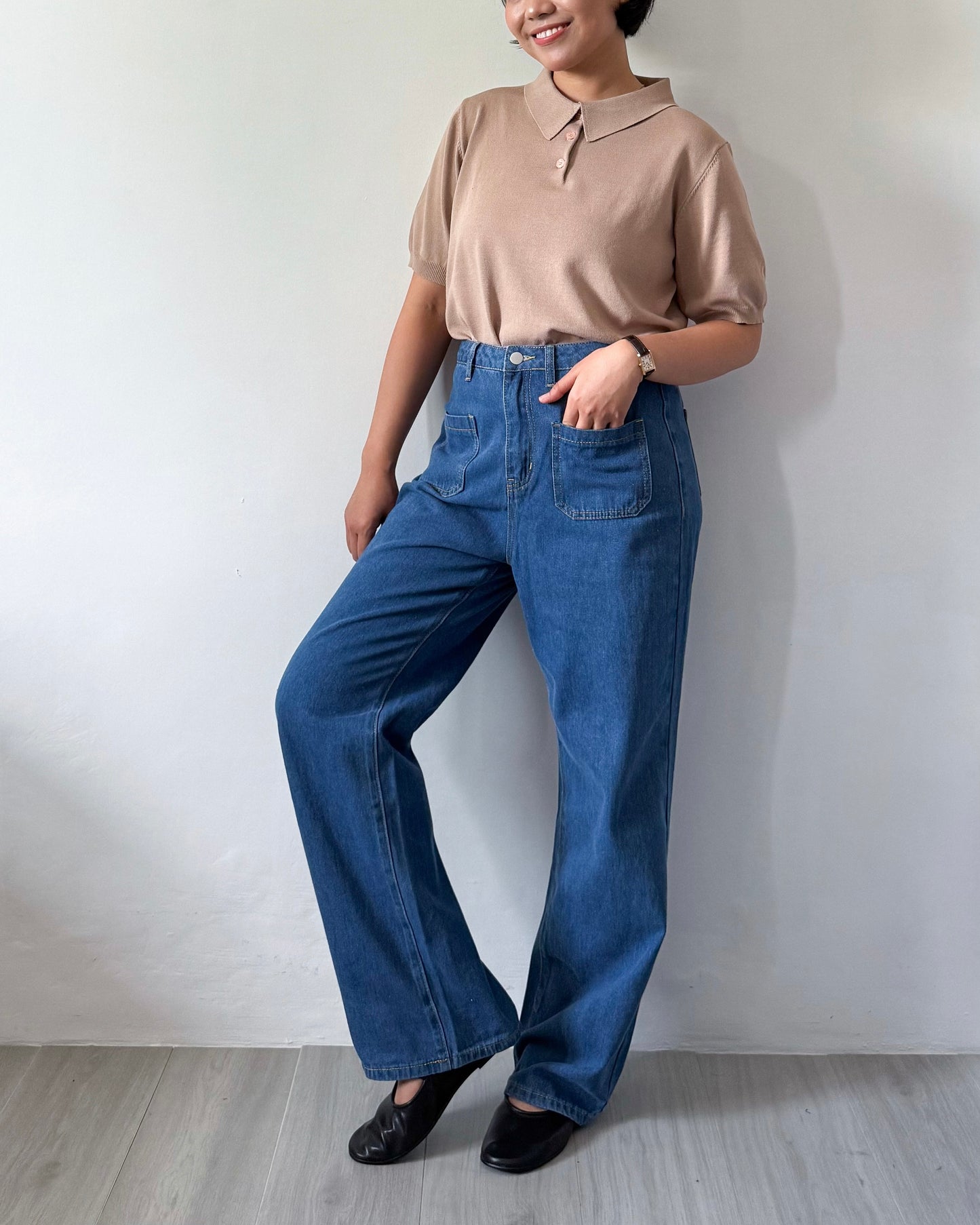 Kendra Patch Pocket Baggy Wide Straight Jeans