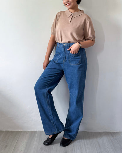 Kendra Patch Pocket Baggy Wide Straight Jeans