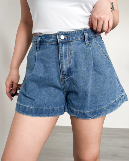Isabela Pleated Wide Leg Denim Shorts