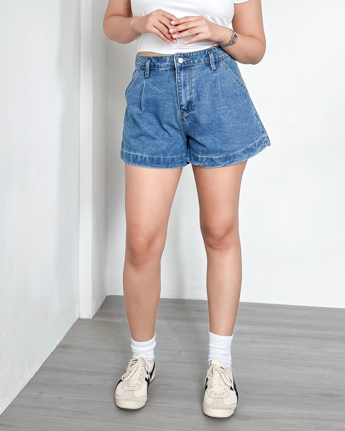 Isabela Pleated Wide Leg Denim Shorts