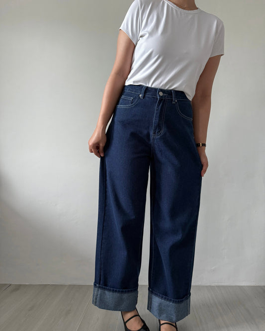 Elizabeth Wide Straight Fixed Cuff Denim Jeans