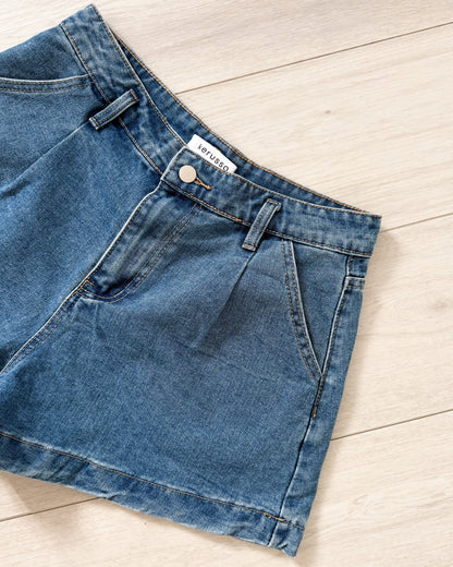 Isabela Pleated Wide Leg Denim Shorts