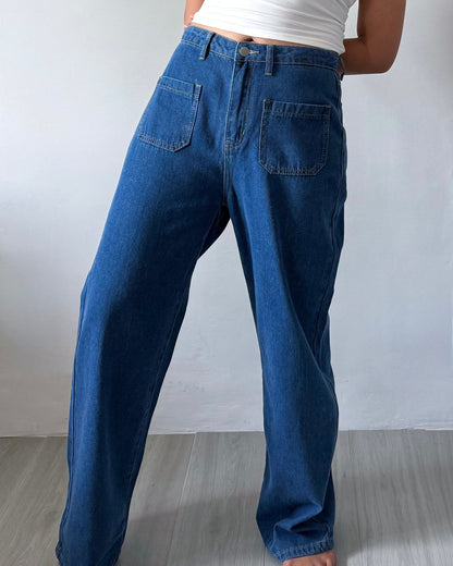 Kendra Patch Pocket Baggy Wide Straight Jeans