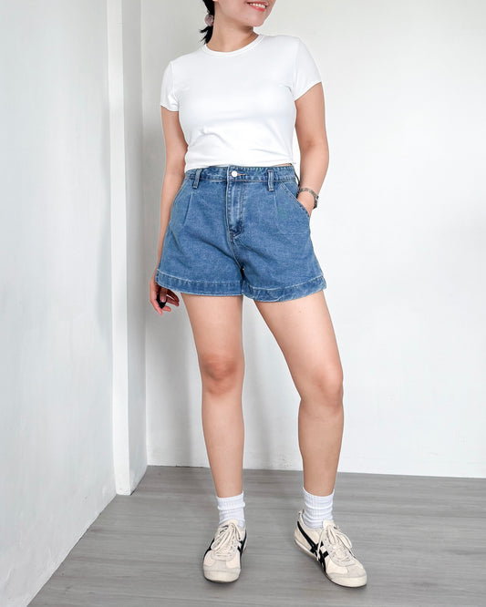 Isabela Pleated Wide Leg Denim Shorts