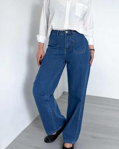 Kendra Patch Pocket Baggy Wide Straight Jeans