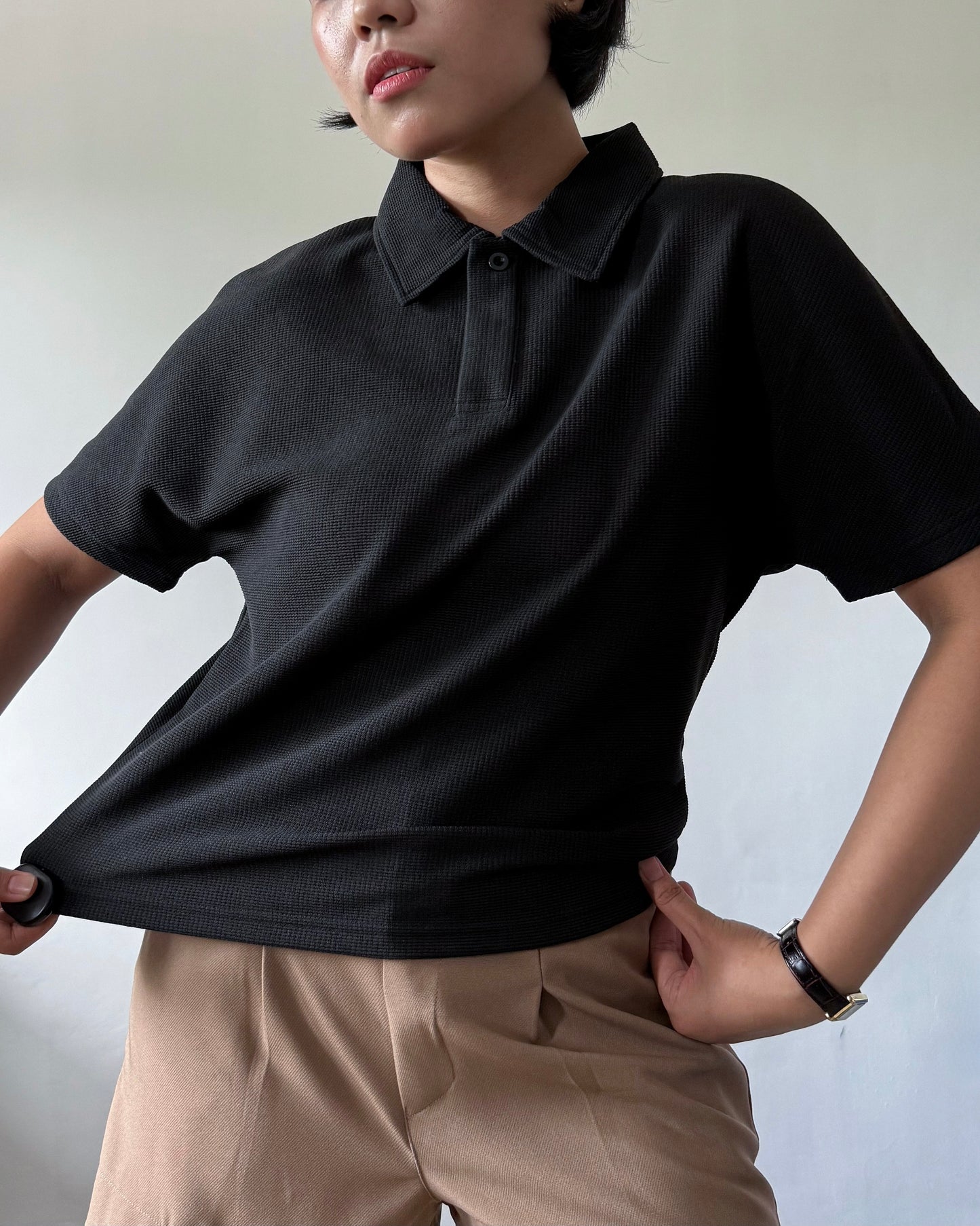 Amaia Interlock Knit Batwing Sleeve Polo Shirt