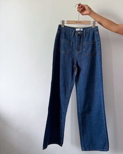 Kendra Patch Pocket Baggy Wide Straight Jeans