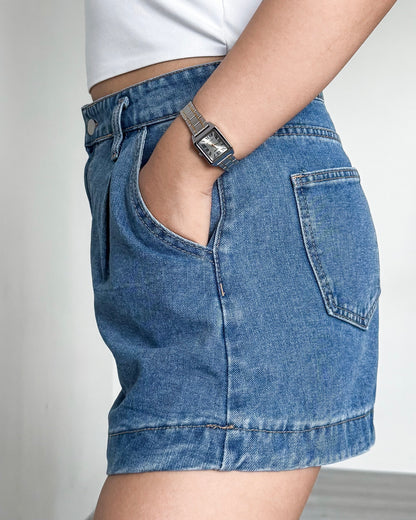 Isabela Pleated Wide Leg Denim Shorts