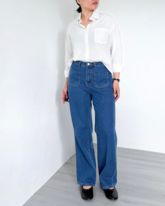Kendra Patch Pocket Baggy Wide Straight Jeans